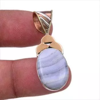 Natural Blue Lace Agate Gemstone 925 Solid Silver Two Tone Pendant 1.50 M0s37