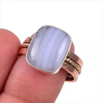 Natural Blue Lace Agate Gemstone 925 Solid Sterling Silver TwoTone Ring S.8 p4C51