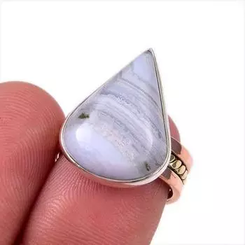 Natural Blue Lace Agate Gemstone 925 Solid Sterling Silver TwoTone Ring S.6 R8D61