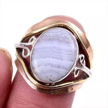 Natural Blue Lace Agate Gemstone 925 Solid Silver Jewelry Two Tone Ring 6US i7A38