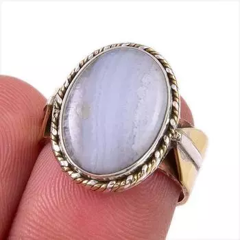 Natural Blue Lace Agate Gemstone 925 Solid Sterling Silver TwoTone Ring S.6 g7z42