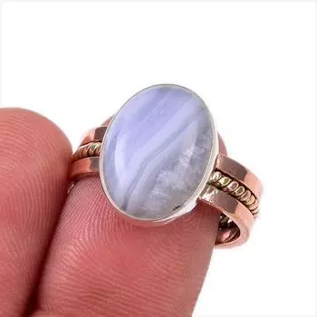 Natural Blue Lace Agate Gemstone 925 Solid Sterling Silver TwoTone Ring S.8 H6V89