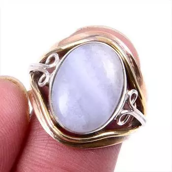 Natural Blue Lace Agate Gemstone 925 Solid Silver Jewelry Two Tone Ring 6US F4k72