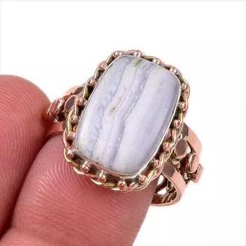 Natural Blue Lace Agate Gemstone 925 Solid Sterling Silver TwoTone Ring S.9 d1W19