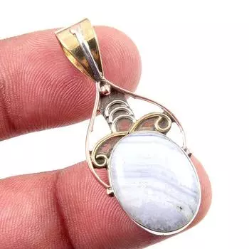 Natural Blue Lace Agate Gemstone 925 Solid Silver Two Tone Pendant 1.50 t7q27