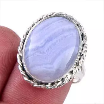 Natural Blue Lace Agate Gemstone 925 Solid Sterling Silver Jewelry Ring S.8 Y5C60