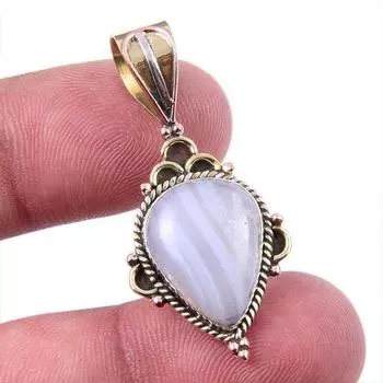 Natural Blue Lace Agate Gemstone 925 Solid Silver Two Tone Pendant 1.50 Q4Z02