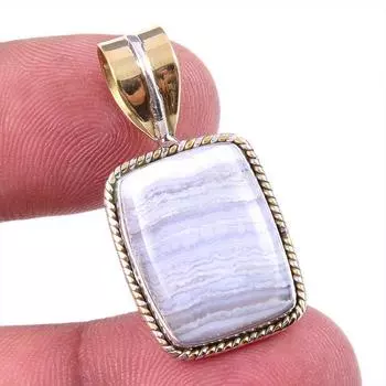 Natural Blue Lace Agate Gemstone 925 Solid Silver Two Tone Pendant 1.25 T3B10