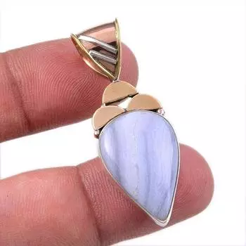 Natural Blue Lace Agate Gemstone 925 Solid Silver Two Tone Pendant 1.75 M9N77