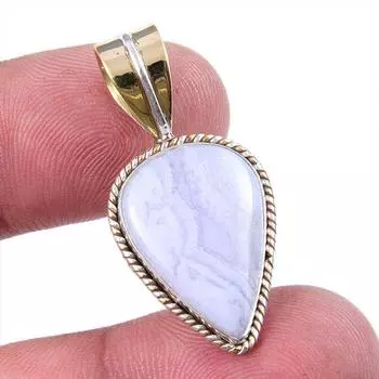 Natural Blue Lace Agate Gemstone 925 Solid Silver Two Tone Pendant 1.25 Q9h76