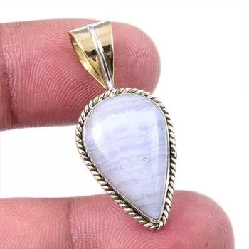 Natural Blue Lace Agate Gemstone 925 Solid Silver Two Tone Pendant 1.25 g2a10