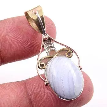 Natural Blue Lace Agate Gemstone 925 Solid Silver Two Tone Pendant 1.50 Y1k01