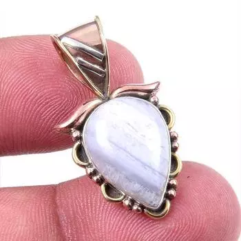 Natural Blue Lace Agate Gemstone 925 Solid Silver Two Tone Pendant 1.25 u5D72
