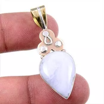 Natural Blue Lace Agate Gemstone 925 Solid Silver Two Tone Pendant 1.75 I4l26