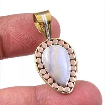 Natural Blue Lace Agate Gemstone 925 Solid Silver Two Tone Pendant 1.50 Y1k02