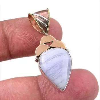 Natural Blue Lace Agate Gemstone 925 Solid Silver Two Tone Pendant 1.50 Y9h53