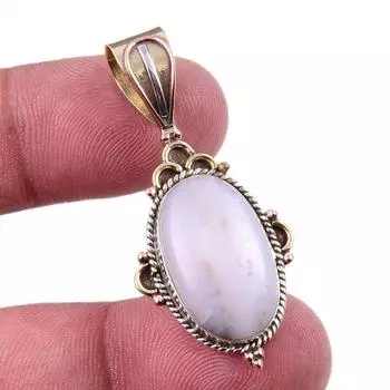 Natural Blue Lace Agate Gemstone 925 Solid Silver Two Tone Pendant 1.75 n6q59