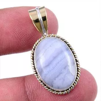 Natural Blue Lace Agate Gemstone 925 Solid Silver Two Tone Pendant 1.25 N5U14