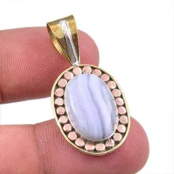 Natural Blue Lace Agate Gemstone 925 Solid Silver Two Tone Pendant 1.50 s9a32