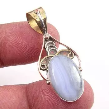 Natural Blue Lace Agate Gemstone 925 Solid Silver Two Tone Pendant 1.50 q2h91