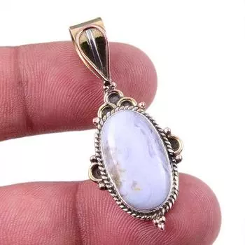 Natural Blue Lace Agate Gemstone 925 Solid Silver Two Tone Pendant 1.50 k9L37