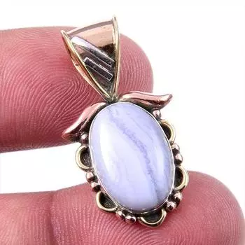 Natural Blue Lace Agate Gemstone 925 Solid Silver Two Tone Pendant 1.25 Q9e56