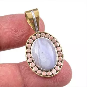 Natural Blue Lace Agate Gemstone 925 Solid Silver Two Tone Pendant 1.50 Z4O35