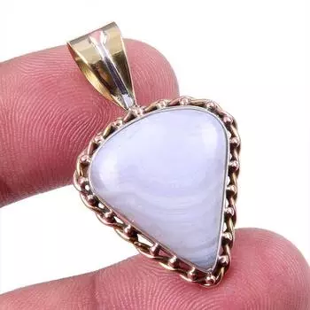Natural Blue Lace Agate Gemstone 925 Solid Silver Two Tone Pendant 1.25 D5B67