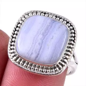 Natural Blue Lace Agate Gemstone 925 Solid Sterling Silver Jewelry Ring S.8 v4E59