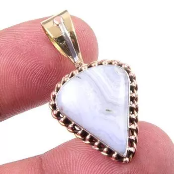 Natural Blue Lace Agate Gemstone 925 Solid Silver Two Tone Pendant 1.25 S2J36