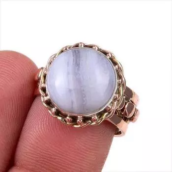 Natural Blue Lace Agate Gemstone 925 Solid Sterling Silver TwoTone Ring S.7 r0G45