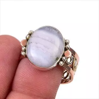 Natural Blue Lace Agate Gemstone 925 Solid Sterling Silver TwoTone Ring S.9 c0z13