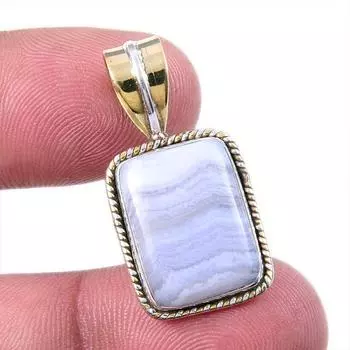 Natural Blue Lace Agate Gemstone 925 Solid Silver Two Tone Pendant 1.25 l4j19
