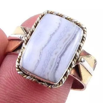Natural Blue Lace Agate Gemstone 925 Sterling Silver Two Tone Ring Size 9 w5m71