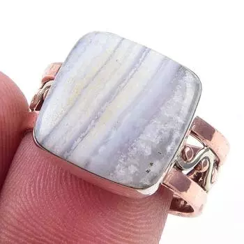 Natural Blue Lace Agate Gemstone 925 Sterling Silver Two Tone Ring Size 8.5 D3S12