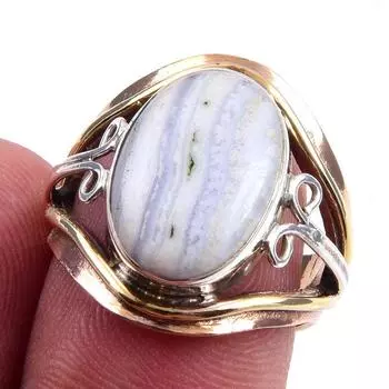 Natural Blue Lace Agate Gemstone 925 Sterling Silver Two Tone Ring Size 6.5 B3a55