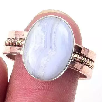 Natural Blue Lace Agate Gemstone 925 Sterling Silver Two Tone Ring Size 10 N0V12