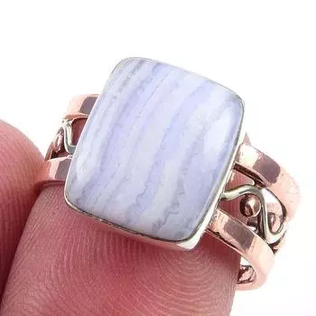 Natural Blue Lace Agate Gemstone 925 Sterling Silver Two Tone Ring Size 7.5 P7D08