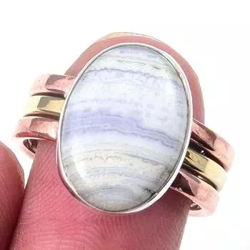 Natural Blue Lace Agate Gemstone 925 Sterling Silver Two Tone Ring Size 8 h1n53