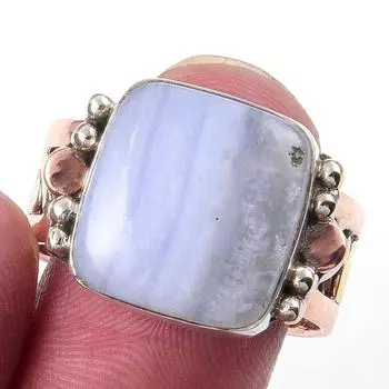 Natural Blue Lace Agate Gemstone 925 Sterling Silver Two Tone Ring Size 9 p0v19