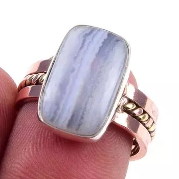Natural Blue Lace Agate Gemstone 925 Sterling Silver Two Tone Ring Size 7 f4B08