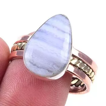 Natural Blue Lace Agate Gemstone 925 Sterling Silver Two Tone Ring Size 9.5 D2W36