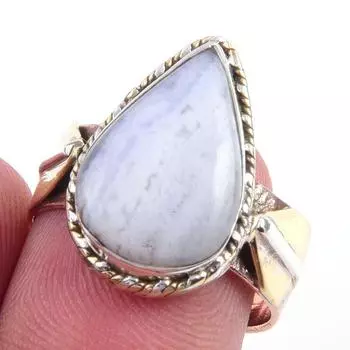 Natural Blue Lace Agate Gemstone 925 Sterling Silver Two Tone Ring Size 7 M7k95