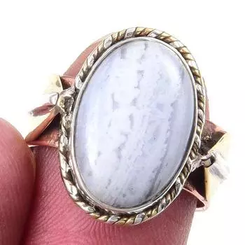 Natural Blue Lace Agate Gemstone 925 Sterling Silver Two Tone Ring Size 6 Y0z49