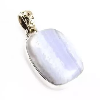 Natural Blue Lace Agate Gemstone 925 Sterling Silver Two Tone Pendant 1.3 Y1i12