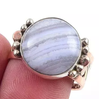 Natural Blue Lace Agate Gemstone 925 Sterling Silver Two Tone Ring Size 8 I0p10