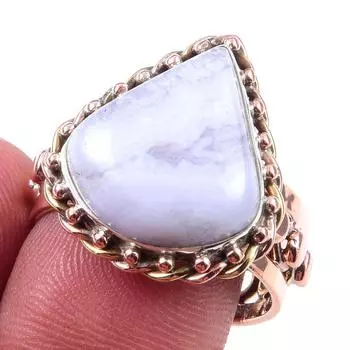 Natural Blue Lace Agate Gemstone 925 Sterling Silver Two Tone Ring Size 9 e0V18