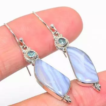 Natural Blue Lace Agate Gemstone Handmade 925 Sterling Silver Earring 1.75 k9I41