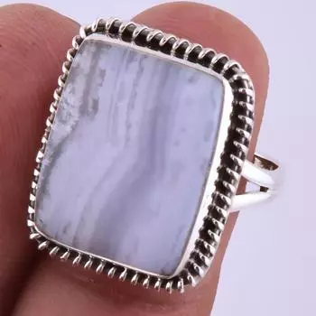 Natural Blue Lace Agate Gemstone Handmade 925 Sterling Silver Ring S.7.5 r9D93