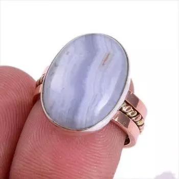Natural Blue Lace Agate Gemstone Two Tone 925 Sterling Silver Ring Size 6.5 e6t06